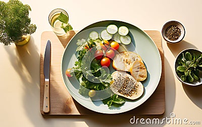 Vegetables and fruits salad on ceramic plate on wooden table. Top view Stock Photo