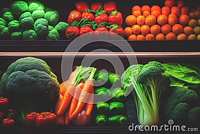 Vegetables and fruits on shelf in supermarket. Produce Grocery Store. Broccoli, carrots, tomatoes Cartoon Illustration