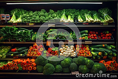 Vegetables and fruits on shelf in supermarket. Produce Grocery Store. Broccoli, carrots, tomatoes Cartoon Illustration