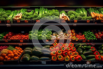 Vegetables and fruits on shelf in supermarket. Produce Grocery Store. Broccoli, carrots, tomatoes Cartoon Illustration