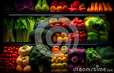 Vegetables and fruits on shelf in supermarket. Produce Grocery Store. Broccoli, carrots, tomatoes Cartoon Illustration