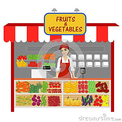 Vegetables and fruits shop with female seller Vector Illustration