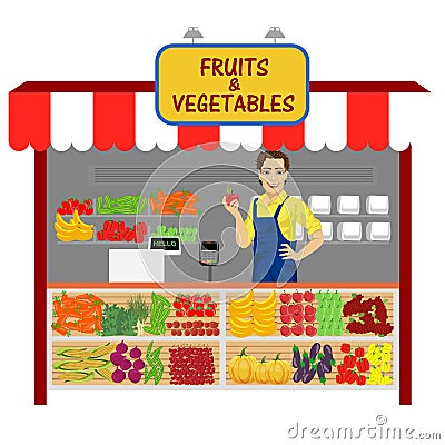 Vegetables and fruits shop with young man seller Vector Illustration