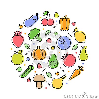 Vegetables and fruits vegetarian concept. A set of linear healthy food icons. Vector illustration isolated on a white Vector Illustration