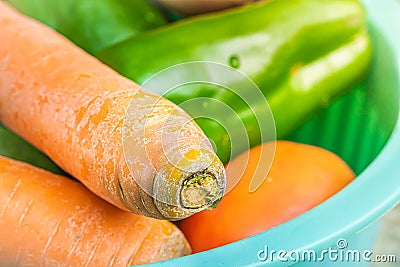 Vegetables in green bowl. Carrot, Chayot, Tomato, Ingredients, Salad. Stock Photo