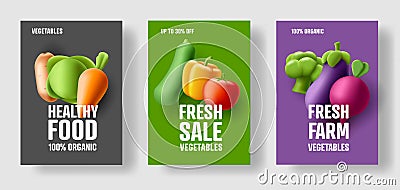 Vegetables grocery shop promo posters set, 3d render illustrations of carrot eggplant corn eggplant and broccoli Vector Illustration