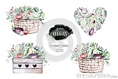 Vegetables healthy organic watercolor wooden box and Wicker basket with bell pepper, leek, onion and avocado vitamin Cartoon Illustration