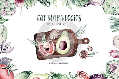 Vegetables healthy organic watercolor wooden cutting board with bell pepper, leek, onion and avocado vitamin rosemary Cartoon Illustration