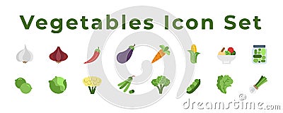 vegetables Icon Set include Onions, garlic, corn, eggplant, cabbage, chili, broccoli, carrots and peas Vector Illustration