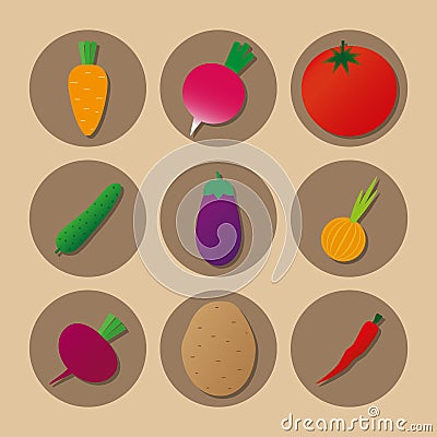 Vegetables icons Tomato potato beet carrot cucumber eggplant onion pepper radish Vector Illustration