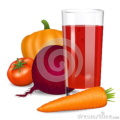 Vegetables juice. Tomato, carrot, pumpkin and beets. Vector Illustration