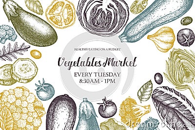 Vector fresh market design template. Vintage frame with hand drawn vegetables and spices sketches. Seasonal farm products illustra Cartoon Illustration