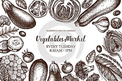 Vector fresh market design template. Vintage frame with hand drawn vegetables and spices sketches. Seasonal farm products illustra Cartoon Illustration