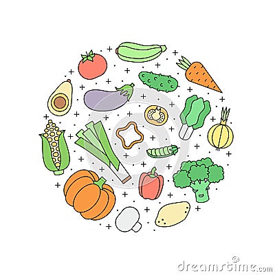 Vegetables multicolored outline vector circle illustration. Vector Illustration