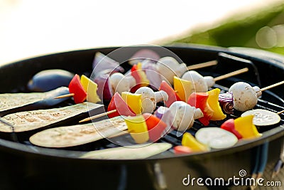 Vegetables and mushrooms roasting on brazier grill Stock Photo