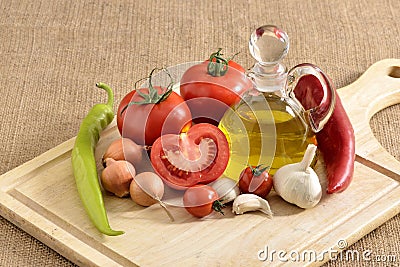 Vegetables - onion, garlic,chilli pepper, tomatoes and Stock Photo