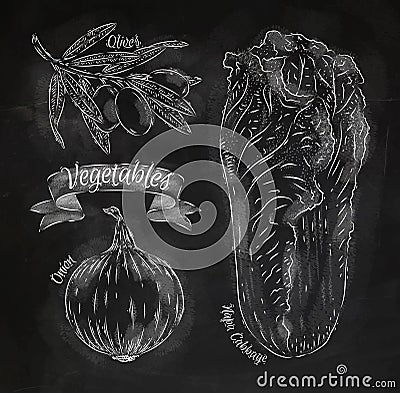 Vegetables onion, napa cabbage, olives chalk Vector Illustration