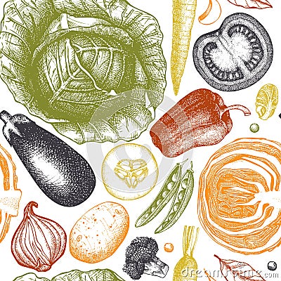 Healthy food vector background with ink hand drawn vegetables sketch. Vintage seamless pattern with fresh products. Organic food d Stock Photo