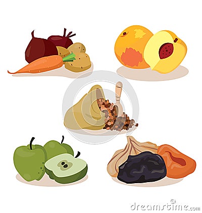 Vegetables, peaches, cereal, apples, dried fruit Vector Illustration