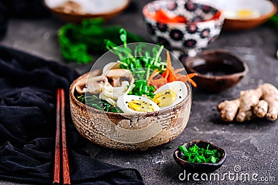 Vegetables ramen soup in ceramic bowl. .style vintage Stock Photo