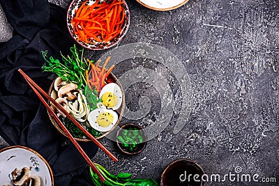 Vegetables ramen soup in ceramic bowl. .style vintage Stock Photo