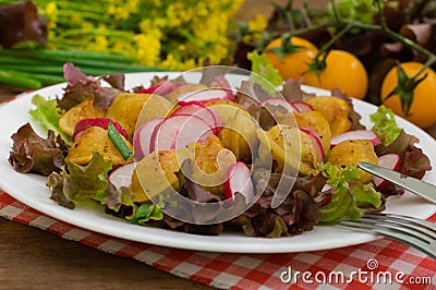 Vegetables and roasted pelmeni meat dumplings . Modern daily Russian cuisine. Wooden background. Close-up. Top view Stock Photo