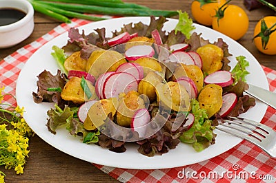 Vegetables and roasted pelmeni meat dumplings . Modern daily Russian cuisine. Wooden background. Close-up. Top view Stock Photo