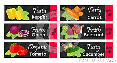 Vegetables sale - organic, vegetarian nutrition. Fresh garden product. Market labels Vector Illustration