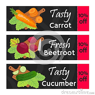 Vegetables sale - organic, vegetarian nutrition. Fresh garden product. Market labels Vector Illustration