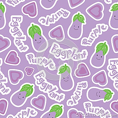 Vegetables seamless pattern with cute eggplant, and purple love on purple background Stock Photo