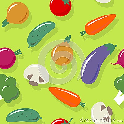 Vegetables seamless pattern. Multicolored vegetables on a green background. Vegetarian picture. Healthy organic pattern. Vector Illustration