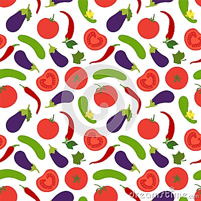 Vegetables seamless pattern. Tomato, cucumber, pepper, chili and eggplant. Paprika. Hand drawn doodle vector sketch. Healthy food Vector Illustration
