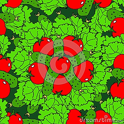 Vegetables seamless pattern with tomatoes, cucumbers and salad. Vector Illustration