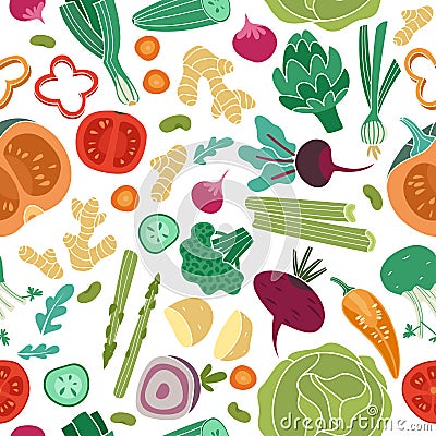 Vegetables seamless pattern. Vegan healthy meal organic food delicious fresh vegetable abstract vector texture Vector Illustration
