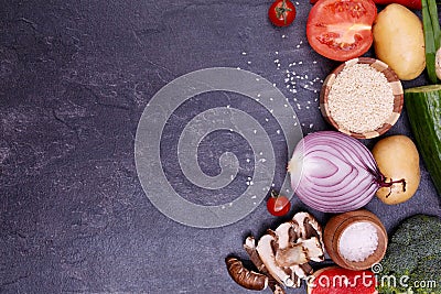 Vegetables and seeds on a violet background Stock Photo