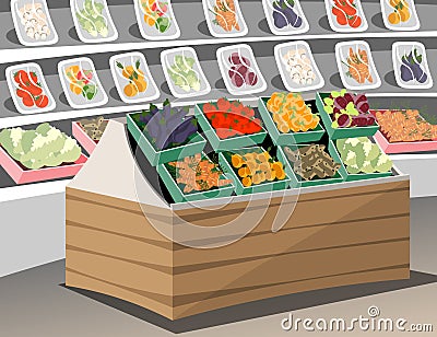 Vegetables shop. Fresh healthy vegetables in supermarket store. Vegetable shelf Vector Illustration