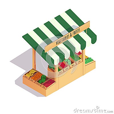 Vegetables shop on the market. Vector illustration isometric design. Vector Illustration