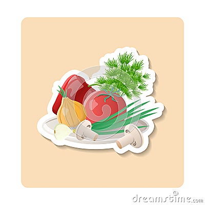 Vegetables sticker illustration. Onion, green, tomato, pepper, mushrooms. Editable vector graphic design. Cartoon Illustration