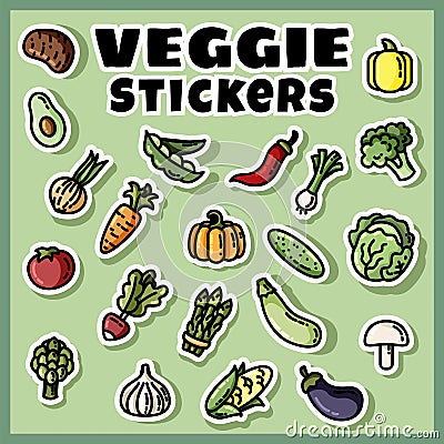 Vegetables stickers colorful set. Collection of veggie flat labels Vector Illustration