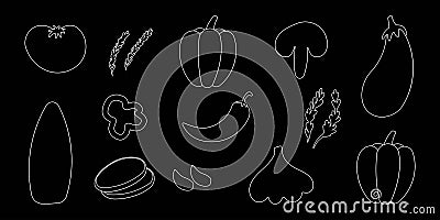 vegetables vitamins doodle line garden elements set Vector Illustration