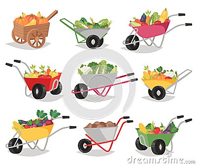 Vegetables in wheelbarrow vector healthy nutrition of vegetably tomato pepper and carrot in wheel barrow for vegetarians Vector Illustration