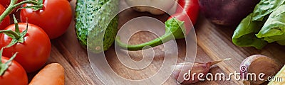 Vegetables on wood. Bio Healthy food, herbs and spices. Organic vegetables on wood, Banner Stock Photo