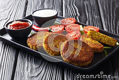 Vegetarian Asian yellow pea fritters with sauces close-up in a plate. Burma food. horizontal Stock Photo