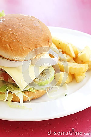 Vegetarian Burger With French Fries Stock Photo