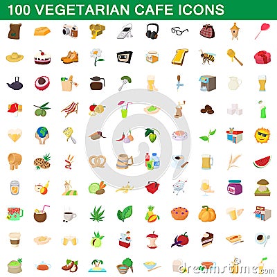 100 vegetarian cafe icons set, cartoon style Vector Illustration