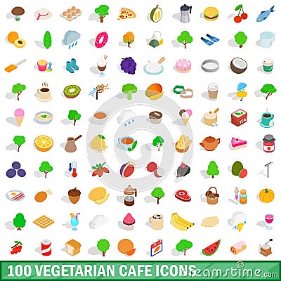 100 vegetarian cafe icons set, isometric 3d style Vector Illustration