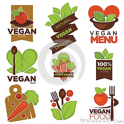 Vegetarian cafe menu vector icons templates set of vegetables and vegan heart leaf Vector Illustration