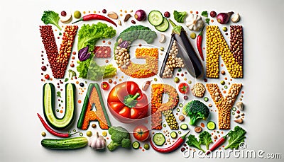 Vegetarian concept from vegetables, fruits and plant based protein food top view. Veganuary month long vegan commitment in January Stock Photo