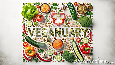 Vegetarian concept from vegetables, fruits and plant based protein food top view. Veganuary month long vegan commitment in January Stock Photo
