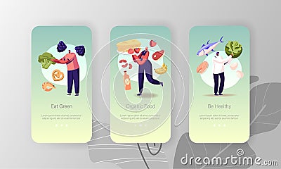 Vegetarian Diet Mobile App Page Onboard Screen Template. Tiny People Characters Choose Healthy Lifestyle Vector Illustration